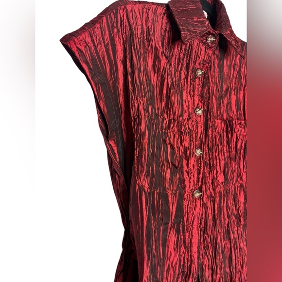 Izayla Wide Leg Short Sleeve Red Black Button Front Crinkle Tie Front Jumpsuit S - Picture 4 of 16